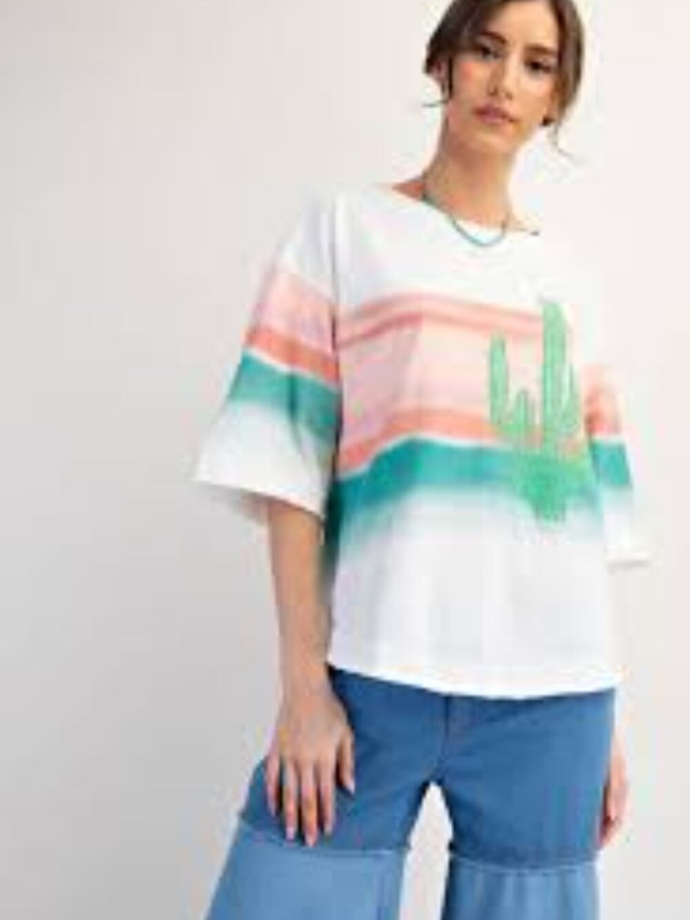 Easel Large Western Boho Cactus Sundown Graphic Tee - Pink & Green 004